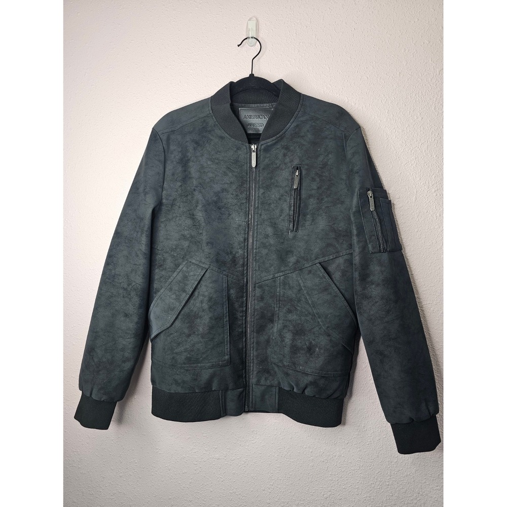 American Breed Mens Distressed Charcoal Grey Black Pleather Bomber Jacket Size M